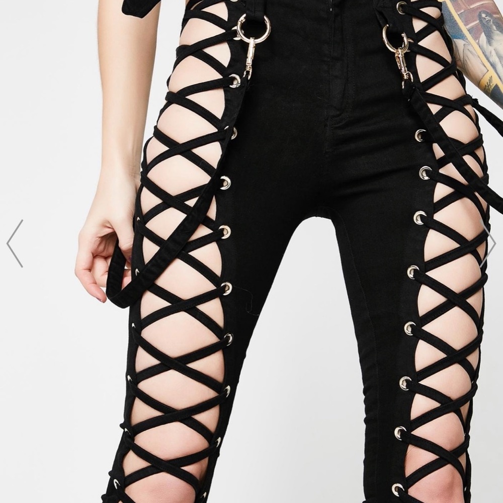 Lace up black pants . - Picture 3 of 4